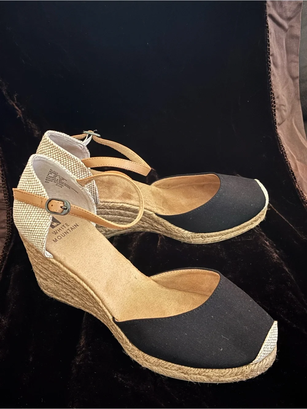 White Mountain Tan and Black Espadrille Wedge Sandals